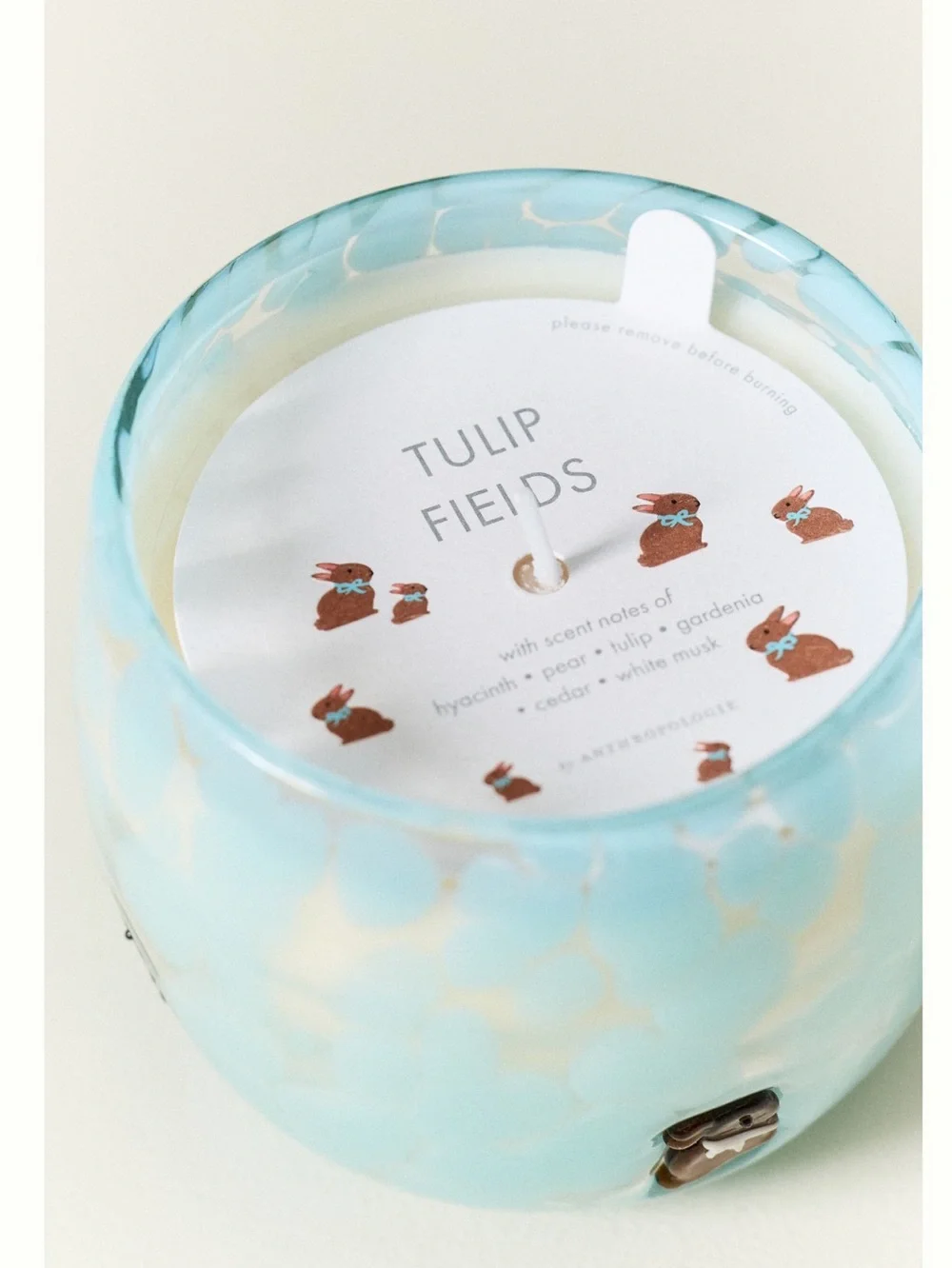 Anthropologie Glass Icon Candle Chocolate Bunny New Spring Easter Floral Blue